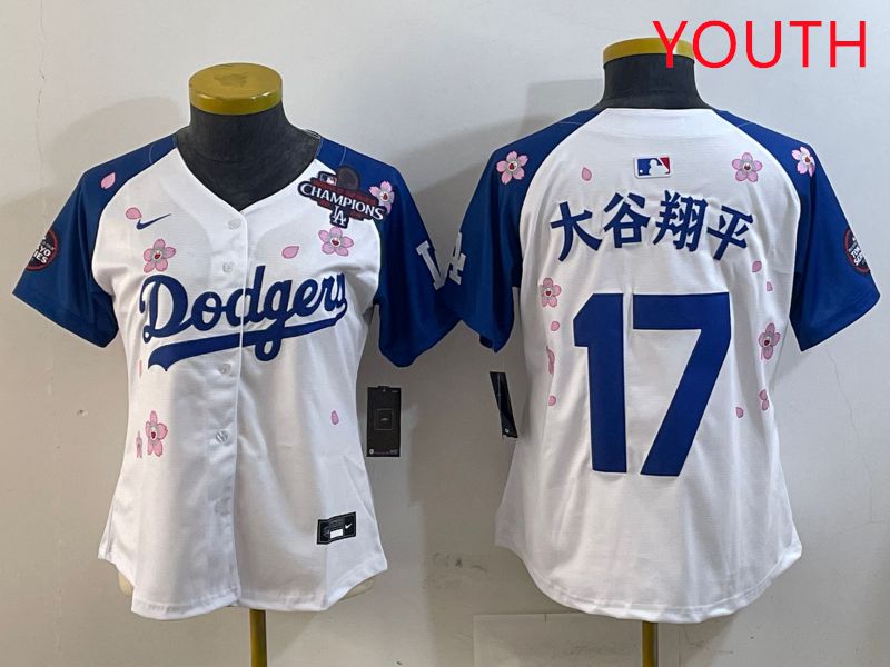 Youth Los Angeles Dodgers #17 Ohtani White Blue Sakura Edition 2025 Nike MLB Jersey style 17->youth mlb jersey->Youth Jersey